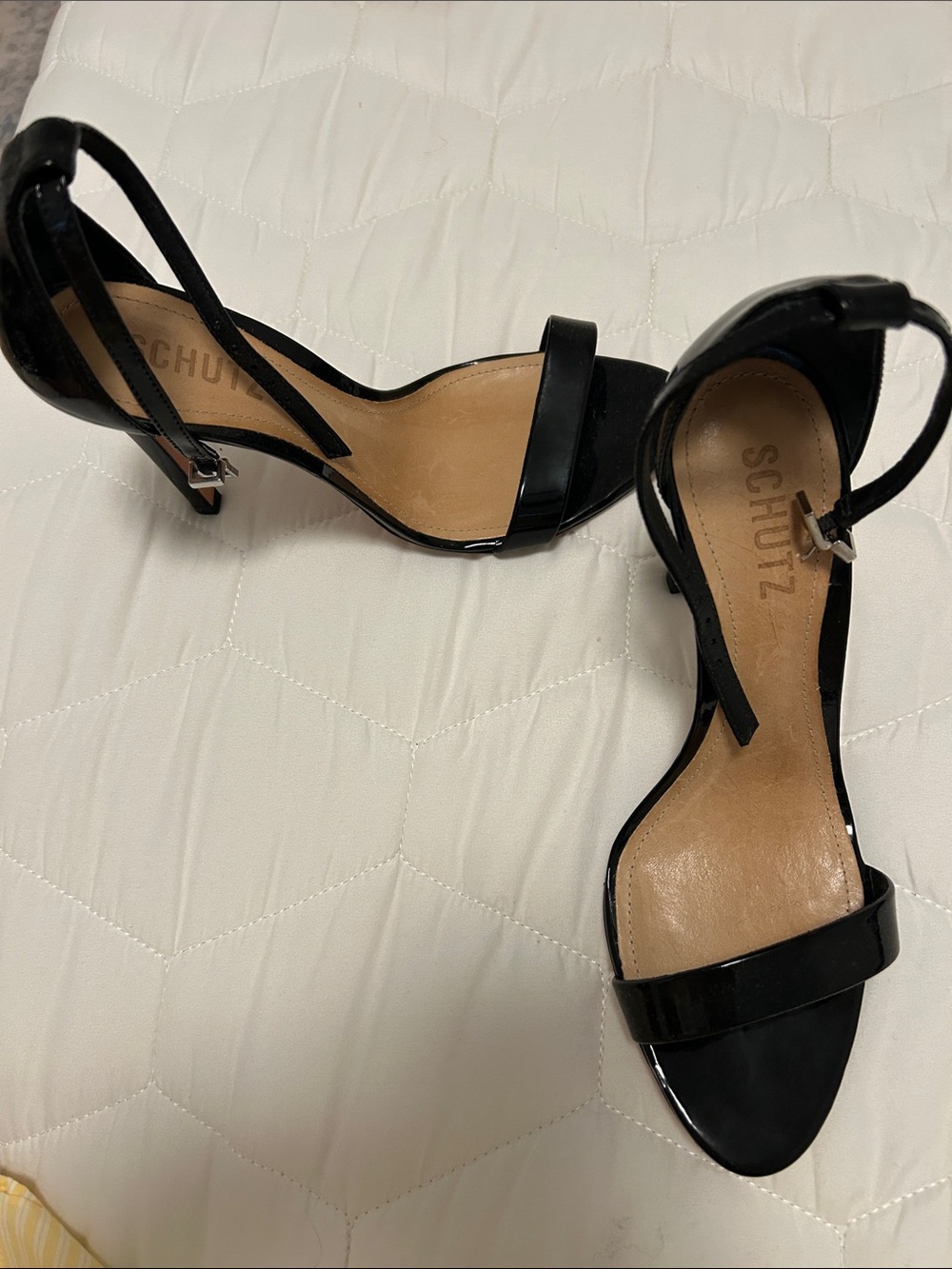 SCHUTZ Black Patent Open-Toe Ankle-Strap Heels